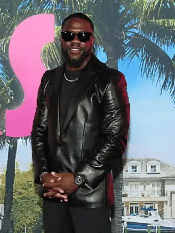 72 Hours premiere Kevin Hart inspired black leather blazer with a sharp formal look