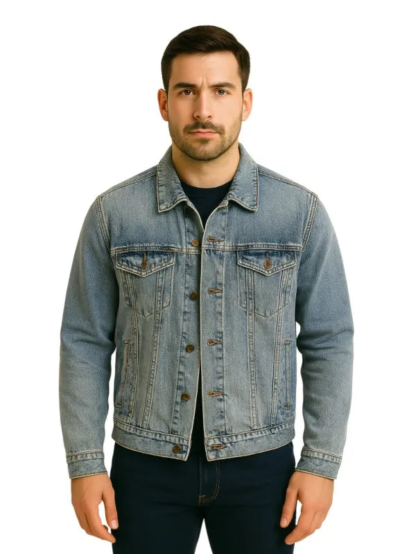 American flag denim jacket front view, classic light wash denim style for men