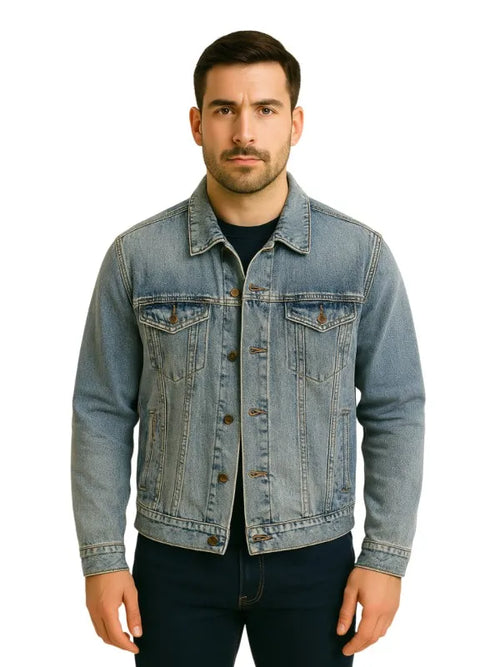 American flag denim jacket front view, classic light wash denim style for men