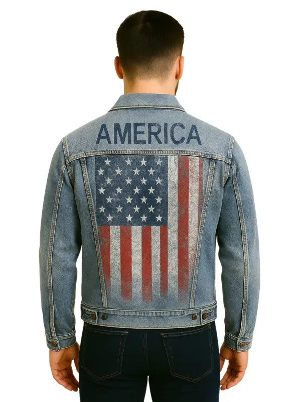 American flag denim jacket back view with USA stars and stripes print and America text