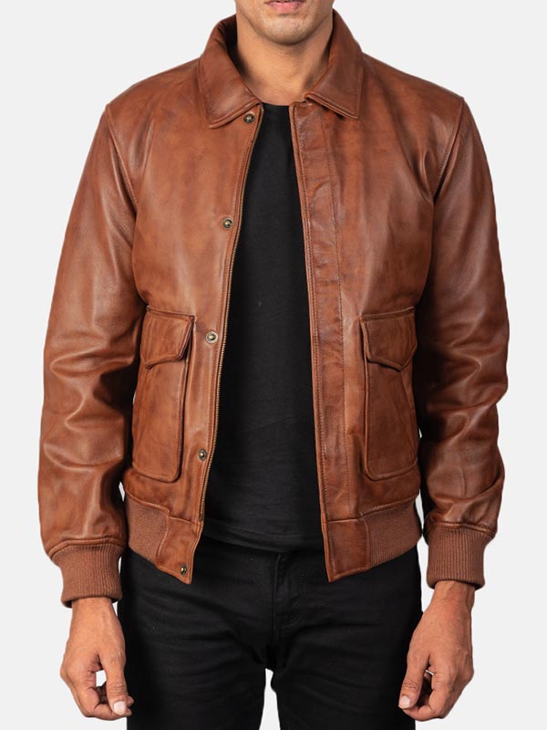 Big Flap Pockets Men’s Leather Bomber Jacket