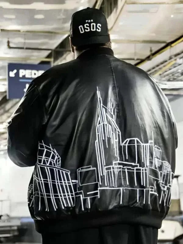 CMA Fest 2024 black leather bomber jacket back view with skyline embroidery design