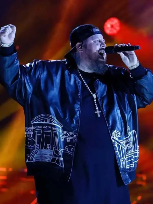 CMA Fest 2024 black bomber leather jacket with embroidered graphic design, stage performance style