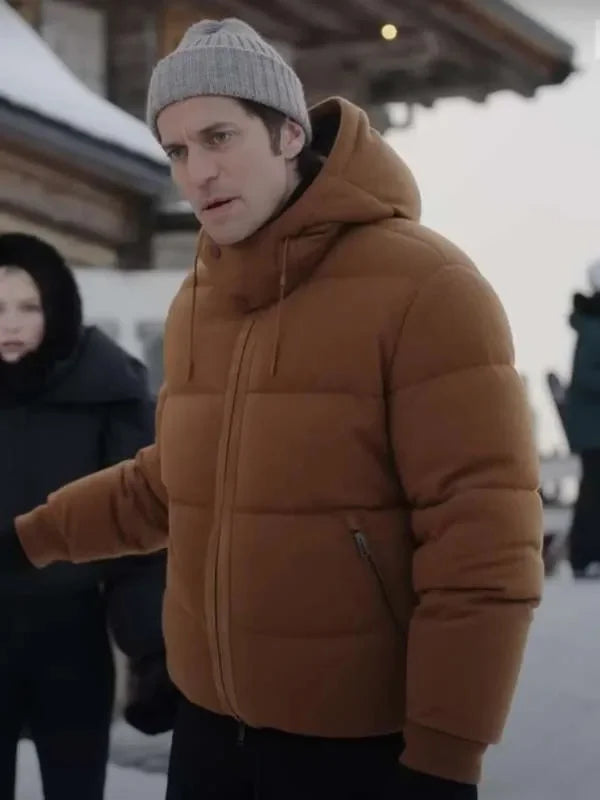 Emily in Paris Season 4 Lucas Bravo brown hooded puffer jacket for men, quilted winter jacket with drawstring hood