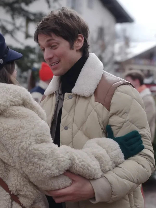 Emily in Paris TV series Lucas Bravo cream shearling puffer jacket, quilted body with shearling collar