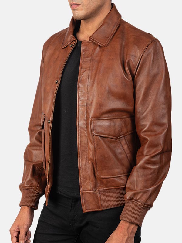 Big Flap Pockets Men’s Leather Bomber Jacket