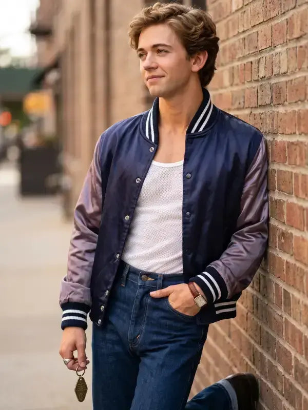 Igby Rigney inspired varsity jacket side profile with relaxed fit and striped ribbing