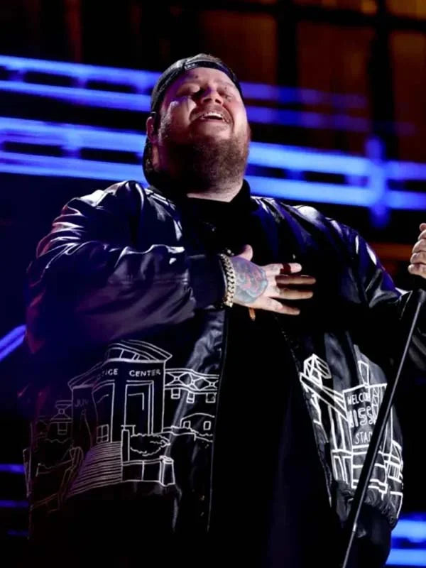 CMA Fest black leather bomber jacket close-up front view with white embroidery