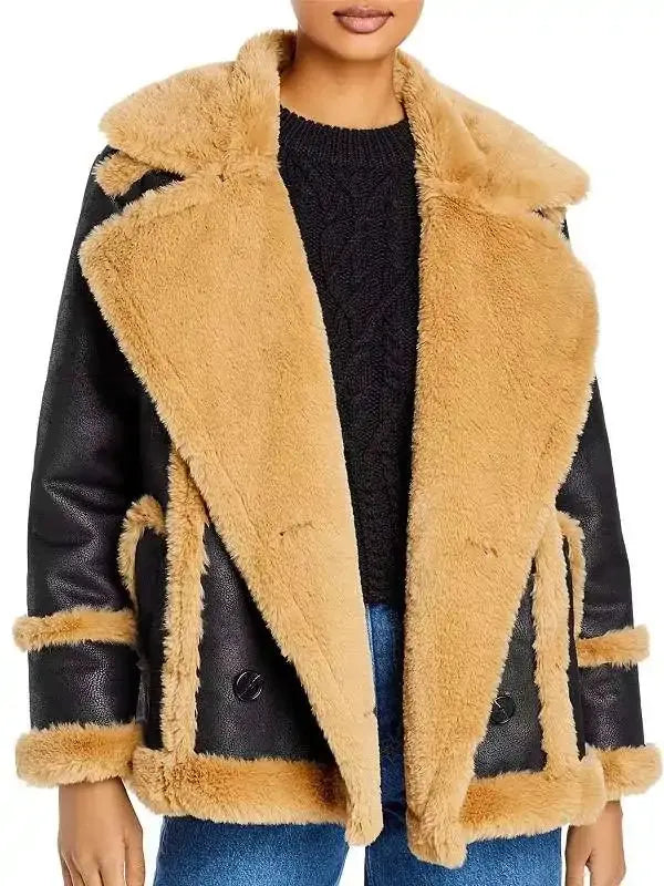Katherine Black Leather Shearling Double Breasted Jacket