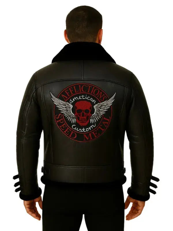 Men Black Shearling Biker Leather Jacket