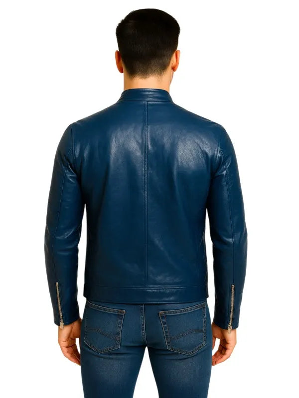 Mens Blue Leather Biker Jacket