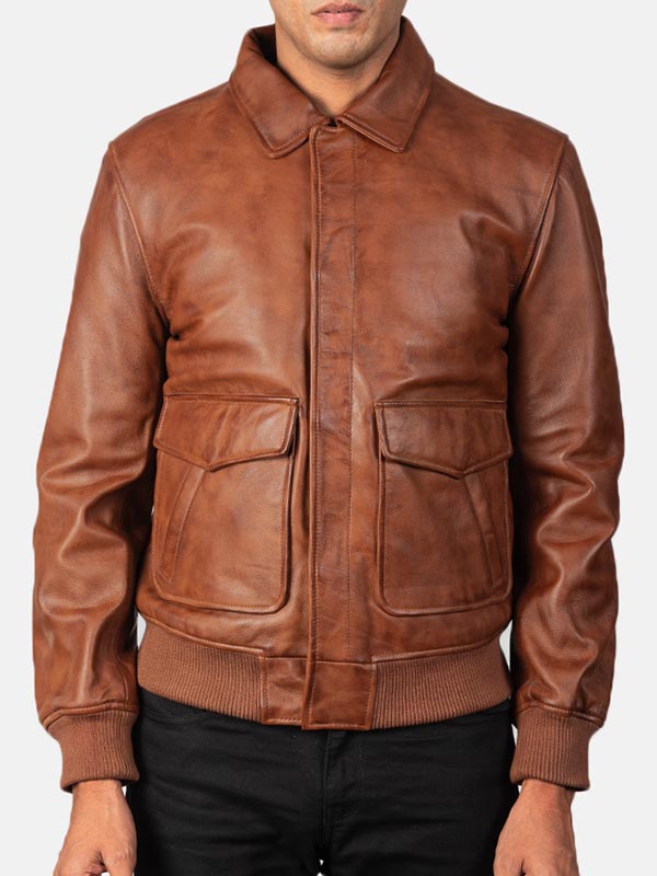 Big Flap Pockets Men’s Leather Bomber Jacket