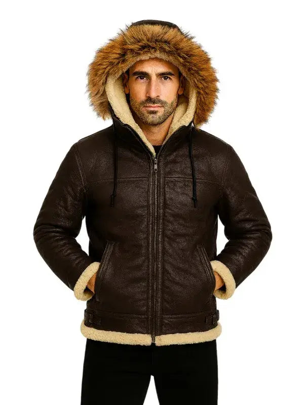 Men's B3 Dark Brown Shearling Hooded Jacket