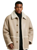 Oversized Shearling-Lined Leather Jacket with Button Front