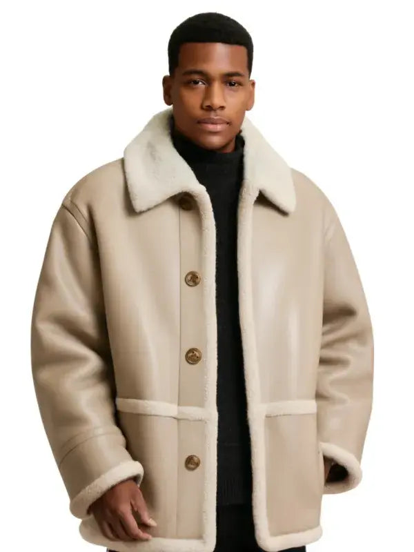Oversized Shearling-Lined Leather Jacket with Button Front