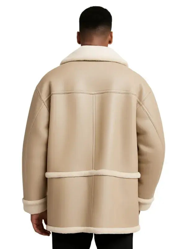 Oversized Shearling-Lined Leather Jacket with Button Front