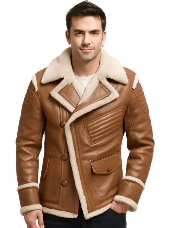 Brown Shearling-Lined Leather Aviator Jacket