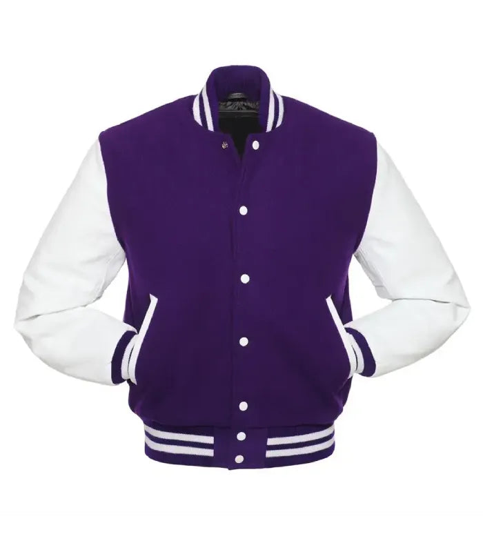 A purple and white varsity jacket with a solid purple body, white sleeves, and white striped ribbed trim on the collar, cuffs, and hem.