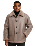 Oversized Taupe Leather Jacket with Shearling Cuff & Collar