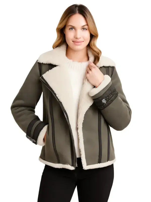 Women’s Shearling Grey Motorcycle Leather Jacket