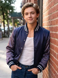 The Shards Igby Rigney Varsity Jacket inspired front view with rib-knit trim and snap closure
