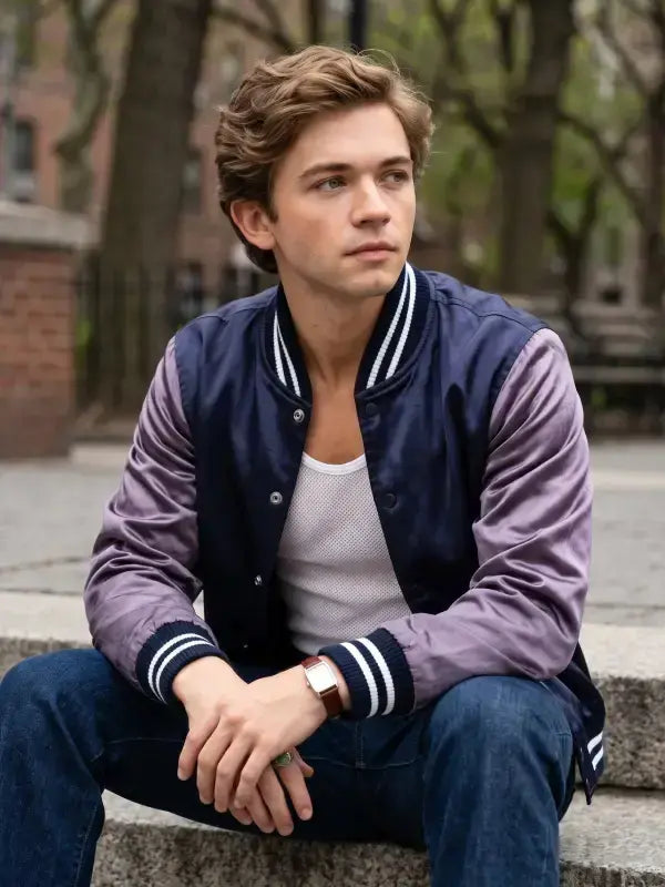 On-model view of Igby Rigney inspired varsity jacket styled with casual streetwear