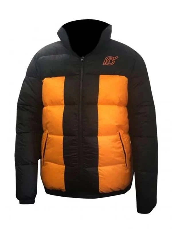 Naruto Shippuden Uzumaki Naruto orange and black quilted puffer jacket for women