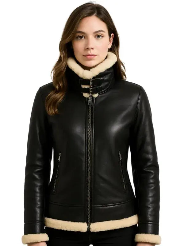 Woman’s Black Shearling Bomber Leather Jacket