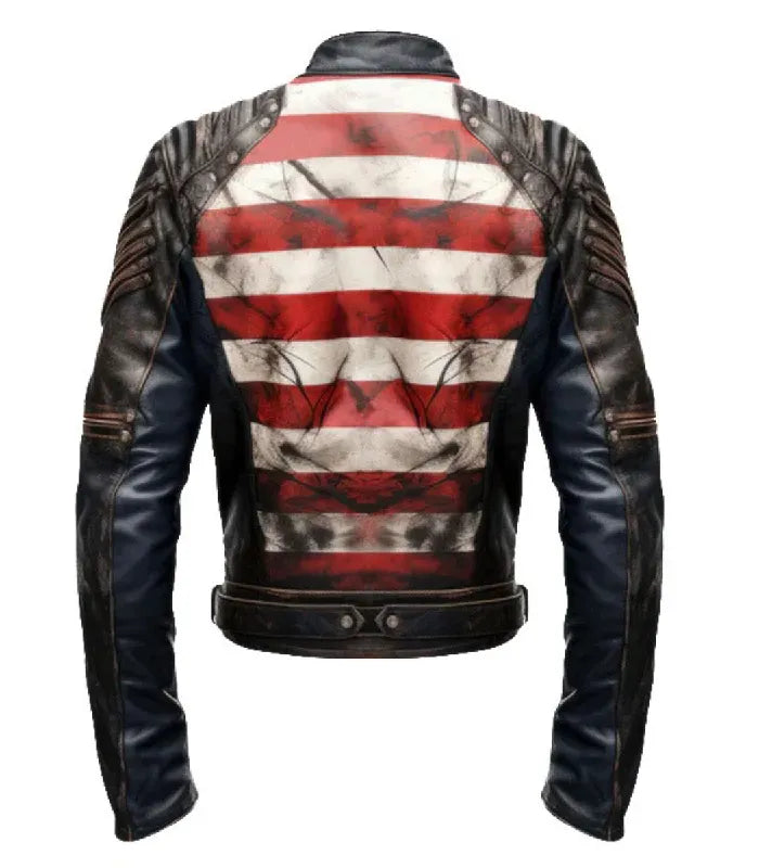 Rear view of American Flag Motorcycle Leather Jacket featuring red and white striped back panel, distressed finish, and padded sleeve detailing.