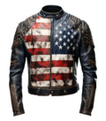 Front view of American Flag Motorcycle Leather Jacket featuring stars and stripes print, snap-tab collar, padded shoulders, and waist belt.