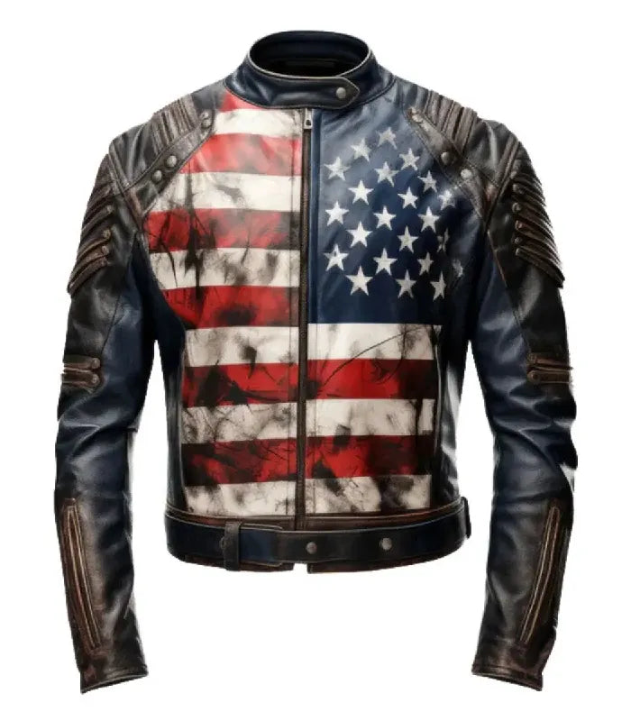 Front view of American Flag Motorcycle Leather Jacket featuring stars and stripes print, snap-tab collar, padded shoulders, and waist belt.