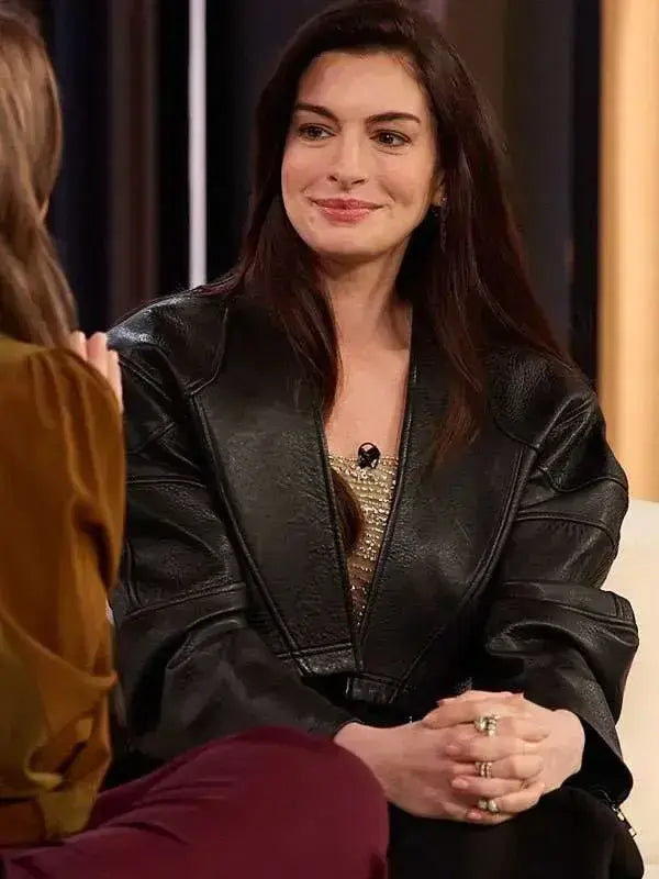 Anne Hathaway inspired cropped jacket from The Drew Barrymore Show with a sleek black finish