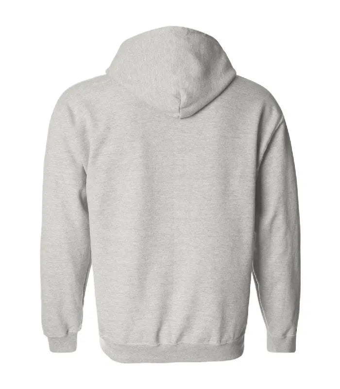Rear view of Ash Grey Zip Up Hoodie featuring a clean fleece back panel, attached hood, long sleeves, and fitted ribbed waist hemline.