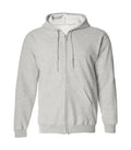 Front view of Ash Grey Zip Up Hoodie featuring a full zipper closure, matching drawstrings, split kangaroo pockets, and ribbed cuffs.