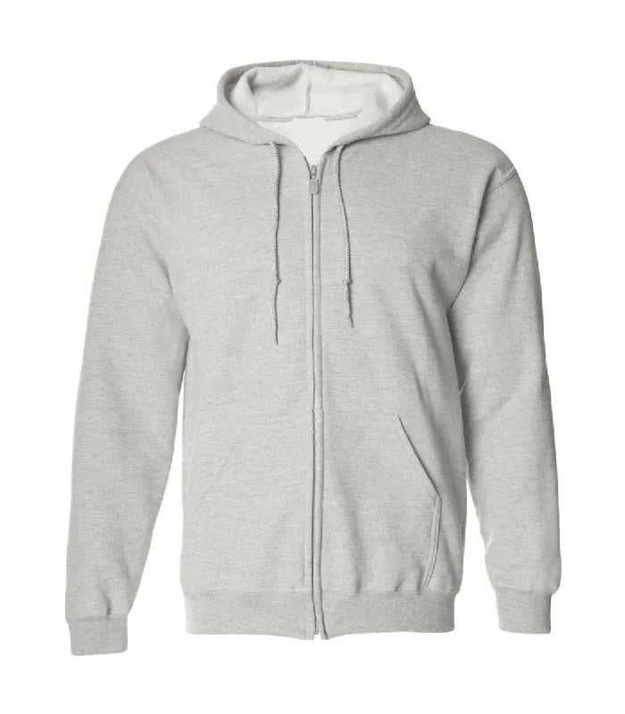 Front view of Ash Grey Zip Up Hoodie featuring a full zipper closure, matching drawstrings, split kangaroo pockets, and ribbed cuffs.