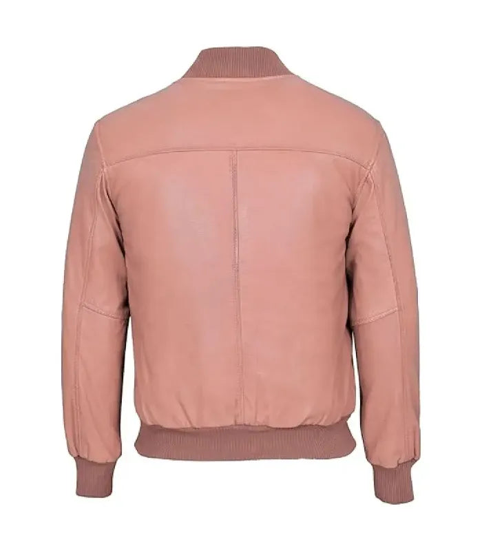 Back view of a baby pink leather bomber jacket displaying clean shoulder yoke stitching, vertical center seam, and ribbed collar.