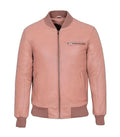 Direct front view of a baby pink leather bomber jacket featuring horizontal chest zipper pocket, central zip closure, and ribbed waist hem.