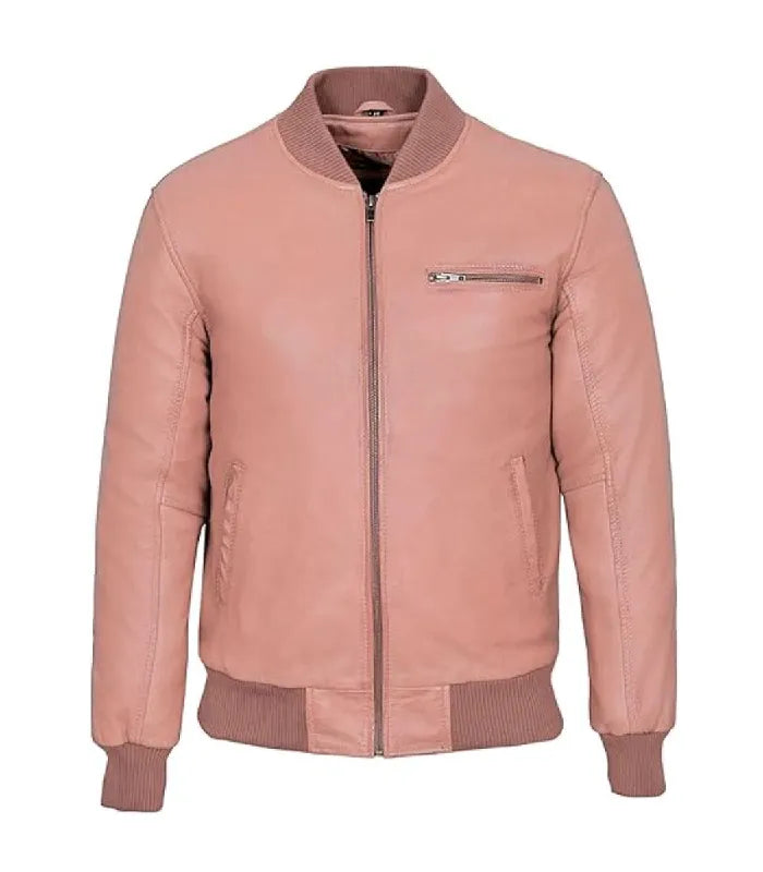 Direct front view of a baby pink leather bomber jacket featuring horizontal chest zipper pocket, central zip closure, and ribbed waist hem.