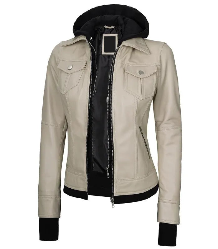 Three-quarter angle view of a women's beige hooded leather bomber jacket showing a double front zip closure and extended black storm cuffs.