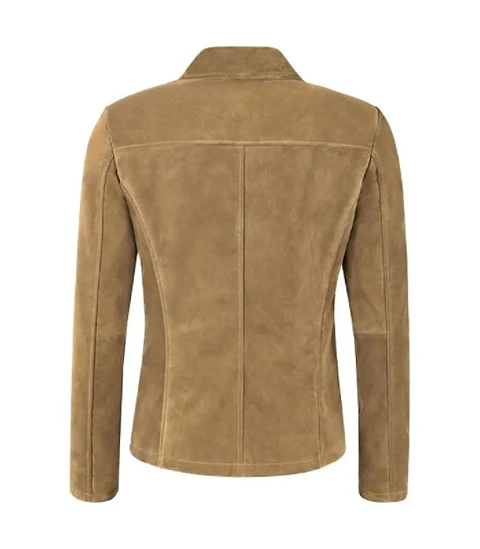 Rear view of Womens Beige Suede Leather Blazer featuring a horizontal back yoke panel, center spine seam, and tailored silhouette.