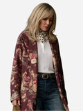 Kelly Reilly Dutton Ranch ornate floral robe front view burgundy