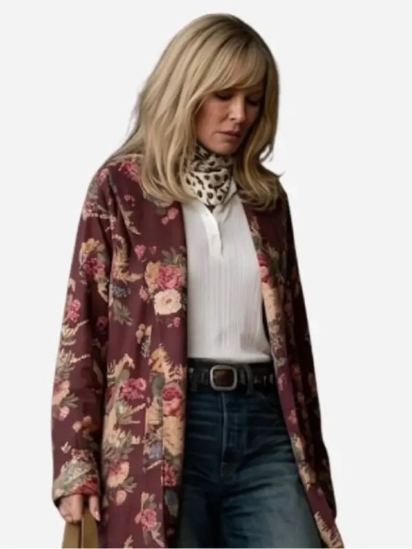 Kelly Reilly Dutton Ranch ornate floral robe front view burgundy
