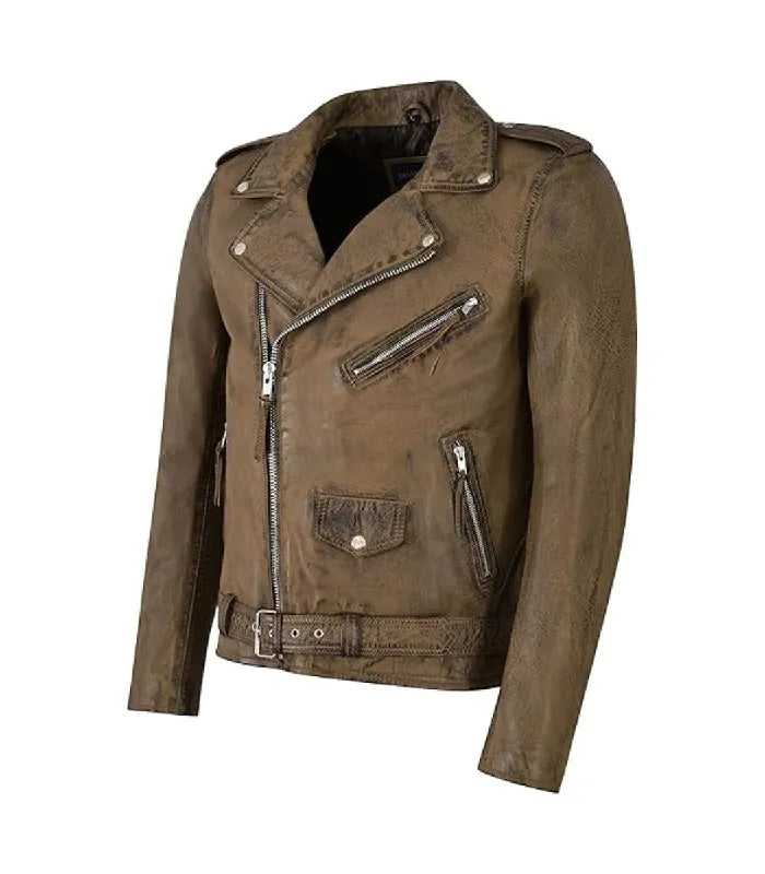 Three-quarter front angle view of men's bronze brown distressed leather biker jacket featuring chest zipper pocket and flap coin pocket.