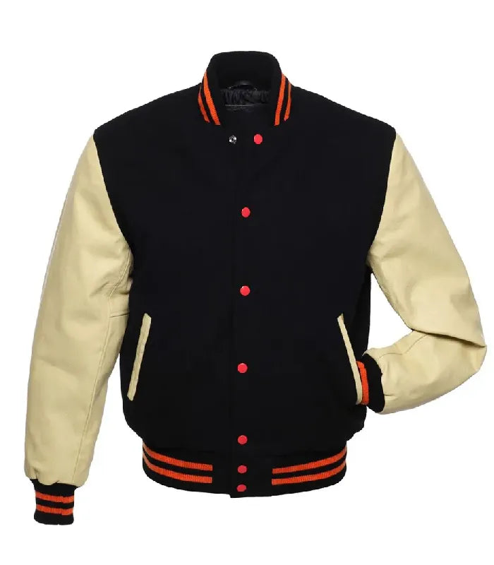 Straight front view of black and cream varsity jacket featuring red snap buttons and cream leather sleeves.