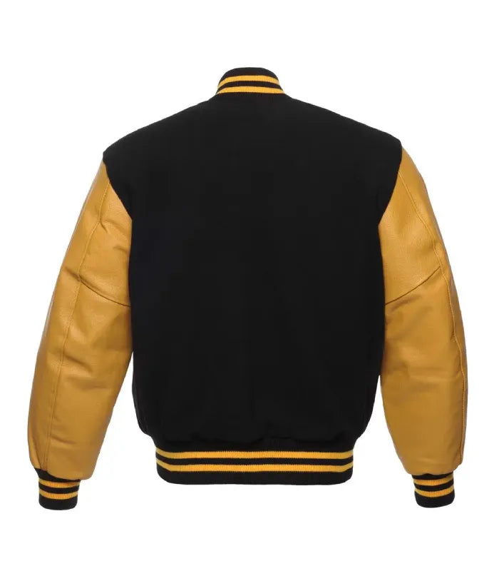 Rear view of a black varsity jacket featuring vibrant gold leather sleeves, plain black wool body, and gold-striped rib-knit collar and hem.