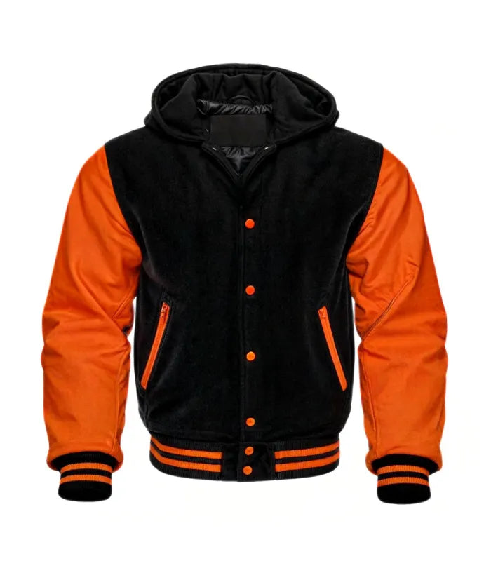 Front view of a black and orange hooded varsity jacket featuring orange leather sleeves, contrast snap buttons, orange-trimmed pockets, and attached hood.