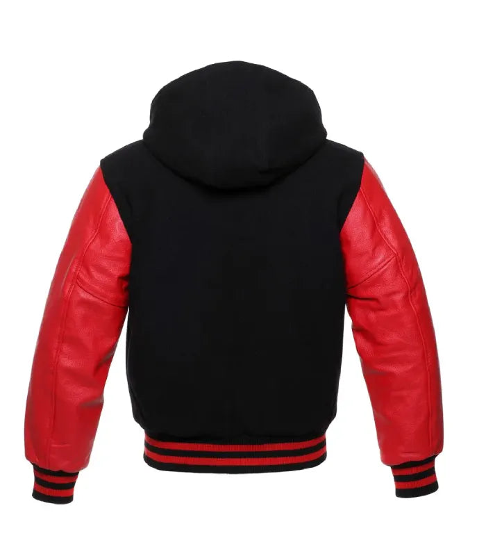 Rear view of a black and red hooded varsity jacket featuring a black wool body, vibrant red leather sleeves, full hood, and red-striped rib-knit hem and cuffs.