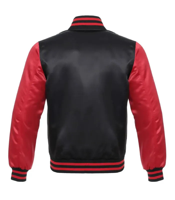 Rear view of a black and red satin varsity jacket featuring a clean black satin back panel and red striped rib-knit collar, cuffs, and hem.