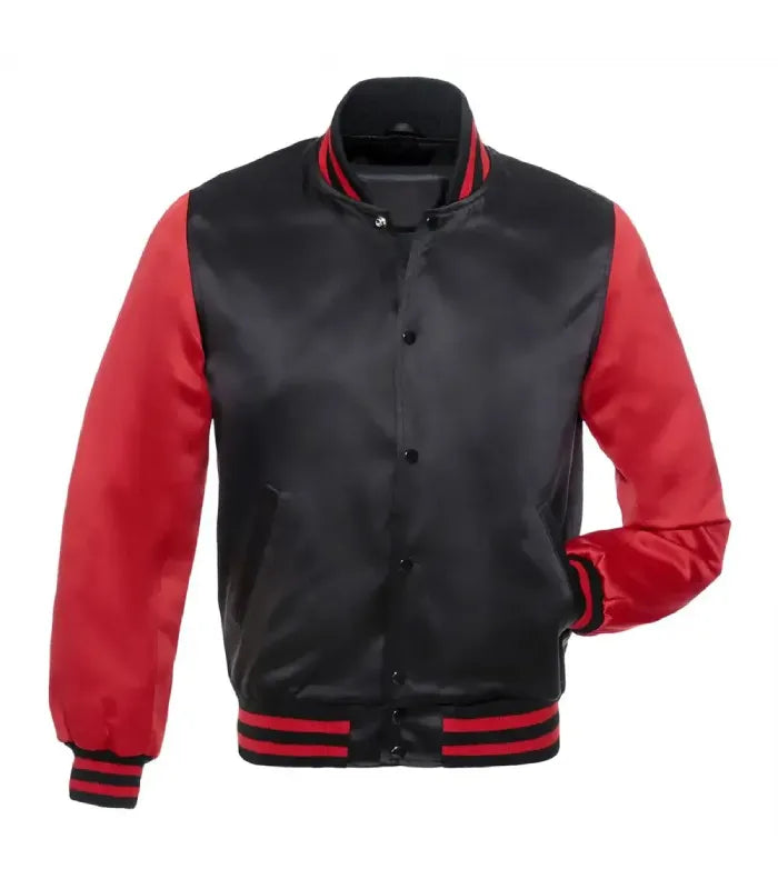 Front view of a black satin varsity jacket with red sleeves, black snap buttons, red-striped ribbed collar and cuffs, and one hand in pocket.