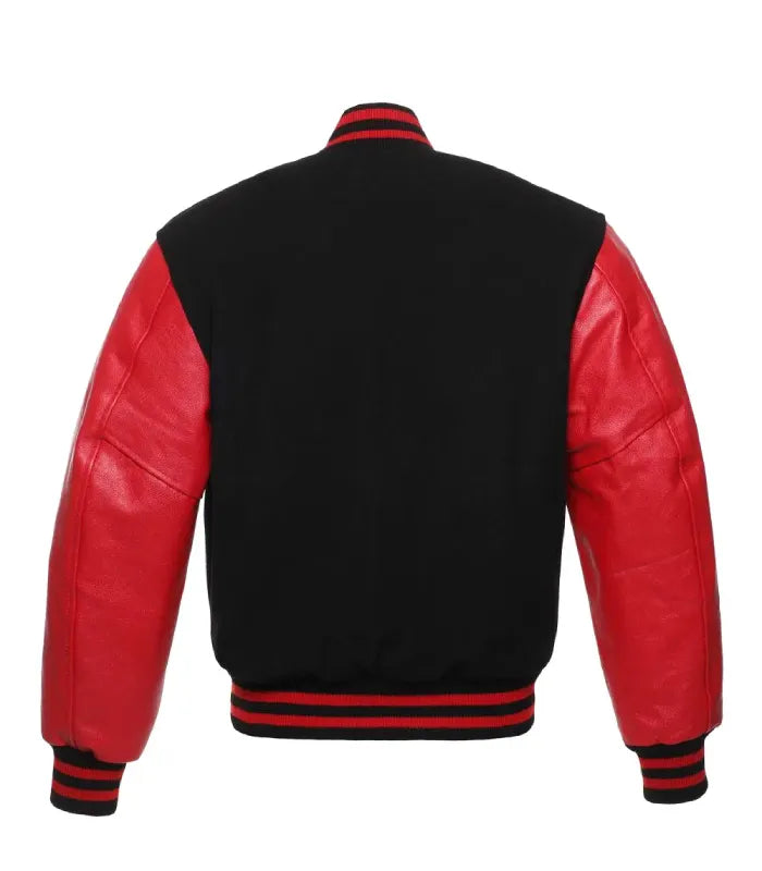 Rear view of a black varsity jacket featuring vibrant red leather sleeves, plain black wool back panel, and red-striped rib-knit collar and hem.